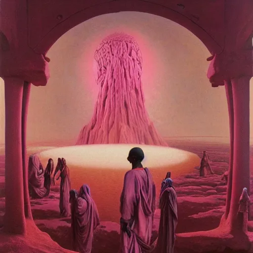 Prompt: african moors in white robes building a steampunk portal near a pink lake by zdislaw beksinski and thomas blackshear and alex grey, oil on canvas, afrofuturism 8k