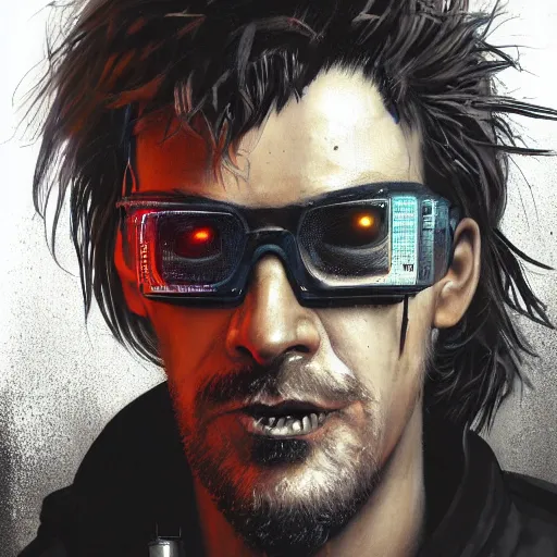 Image similar to cyberpunk, closeup portrait of a shaggy cyberpunk hacker, cigarette in mouth, dramatic light, city background, sunset, dystopian setting, high contrast, sharp, neuromancer, painted by stanley lau, painted by greg rutkowski, painted by stanley artgerm, digital art, trending on artstation