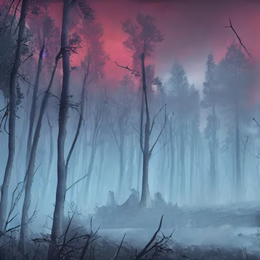 Image similar to Decimated forest+red sky+ the most darkest and horrible thing we have ever seen+artstation+concept art