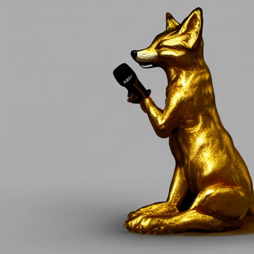 Prompt: gold plated statue of a fox rapping into a microphone trending on artstation