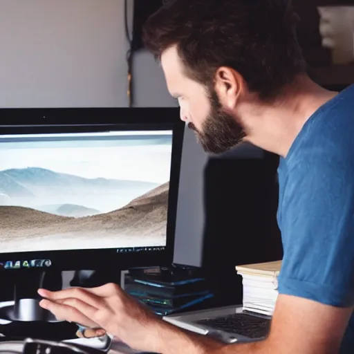 Prompt: a man editing an amazing commercial at his computer. Very excited.