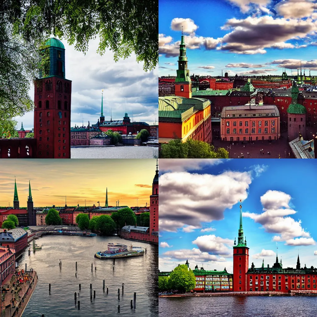 Prompt: stockholm skyline, cute puffy clouds, daylight, stockholm city hall, markus gunnar