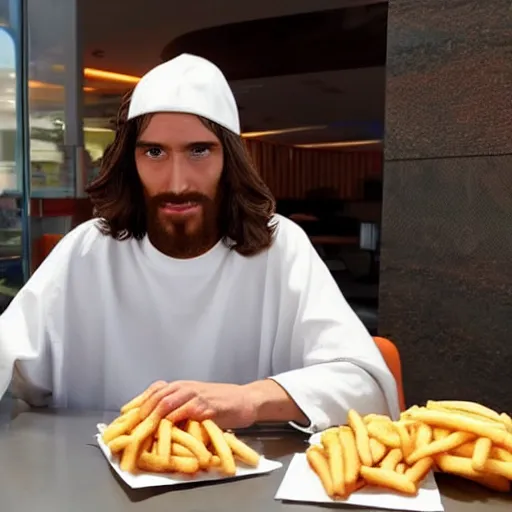 Prompt: jesus christ having his lunch break at mcdonalds, real photo