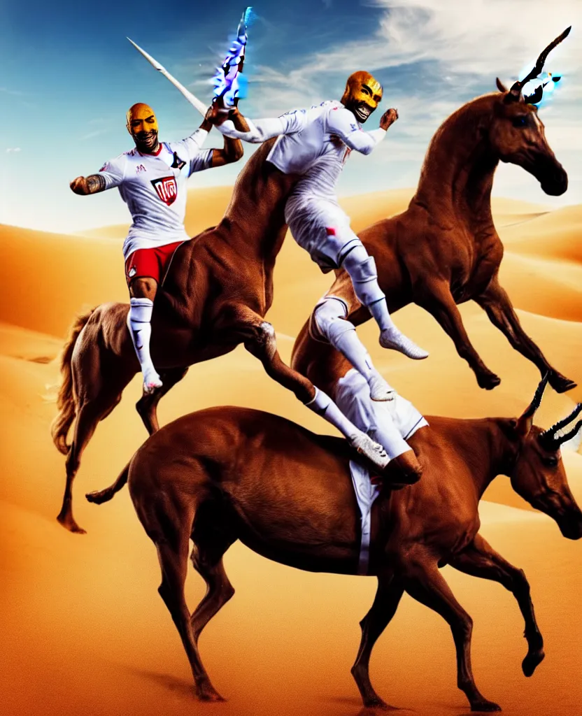 Image similar to thierry henry riding a unicorn in the desert, sharp, details, hyper - detailed, hd, 4 k, 8 k