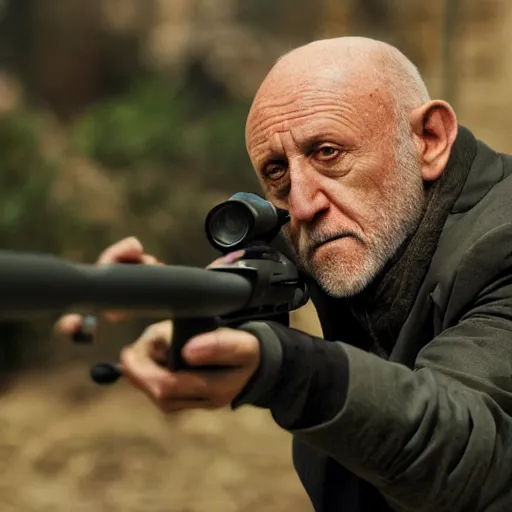 Image similar to Film still of Mike Ehrmantraut aiming a !!!sniper rifle!!!, 4k, !!highly detailed!!