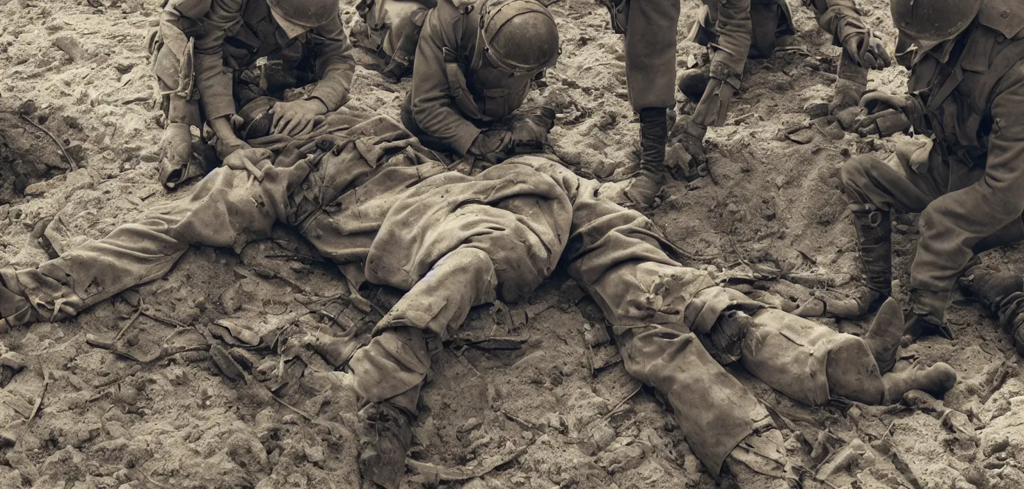 Image similar to a wounded world war two soldier is tended to in a trench by a priest and a medic, as bullets whiz by. 3 d render, ultra realistic, octane render, artstation, unreal engine 5