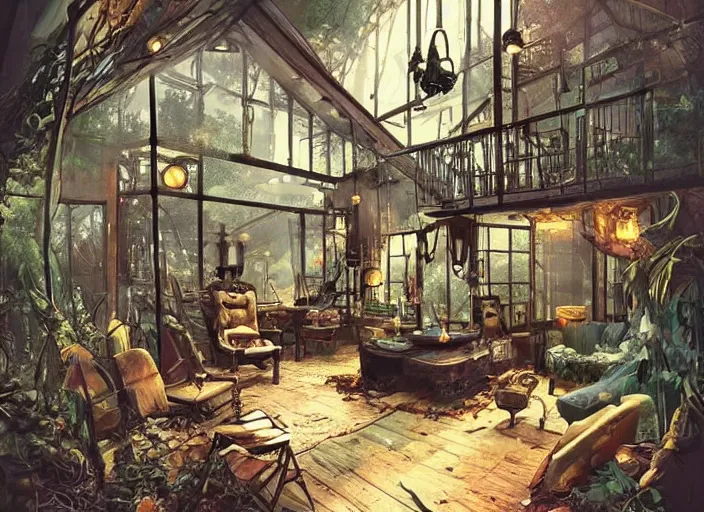 Image similar to cosy house in a clearing in the middle of a large forest, beautifully lit, retro science fiction vintage art, steampunk