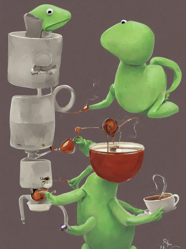 Image similar to serene illustration robotic kermit offering a cup of fresh steaming coffee, by Simon Stalenhaag, by Yoshita Amano, by Esao Andrews, sharp focus, fresh colors, conceptart, trending on artstation