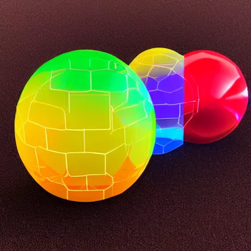Prompt: rainbow-lattice-sunstone spheres on a red cube