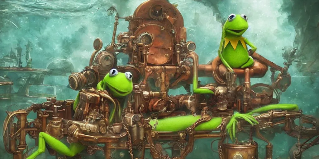 Prompt: digital art, trending on artstation, pin ups of kermit the frog in an underwater steam punk world