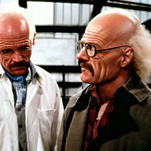 Prompt: still of walter white meeting dr. emmett brown scene, from back to the future ( 1 9 8 2 )