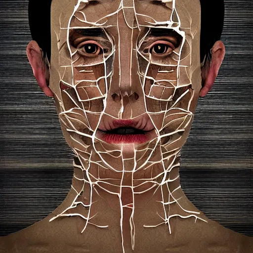 Prompt: face shredded like paper as skin peeling, dark, surreal, illustration, by ally burke