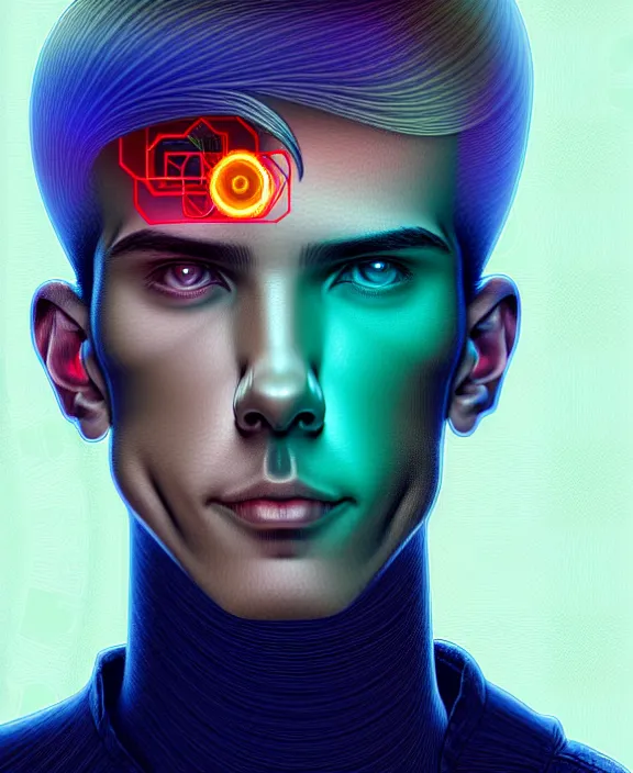 Image similar to a whirlwind inside the metaverse, guy, male, man, science, machine face, fashionable haircut, piercing, half body, neurochip, android, cyberpunk face, by loish, d & d, fantasy, intricate, elegant, highly detailed, colorful, digital painting, artstation, concept art, art by artgerm and greg rutkowski and alphonse mucha