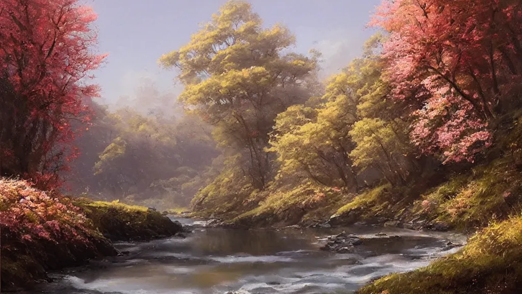 Image similar to A beautiful landscape oil painting of a hill with trees, the spring has arrived and the trees are blooming and covered with colorful flowers, the river is zigzagging and flowing in its way, the river has lots of dark grey rocks, by Greg Rutkowski