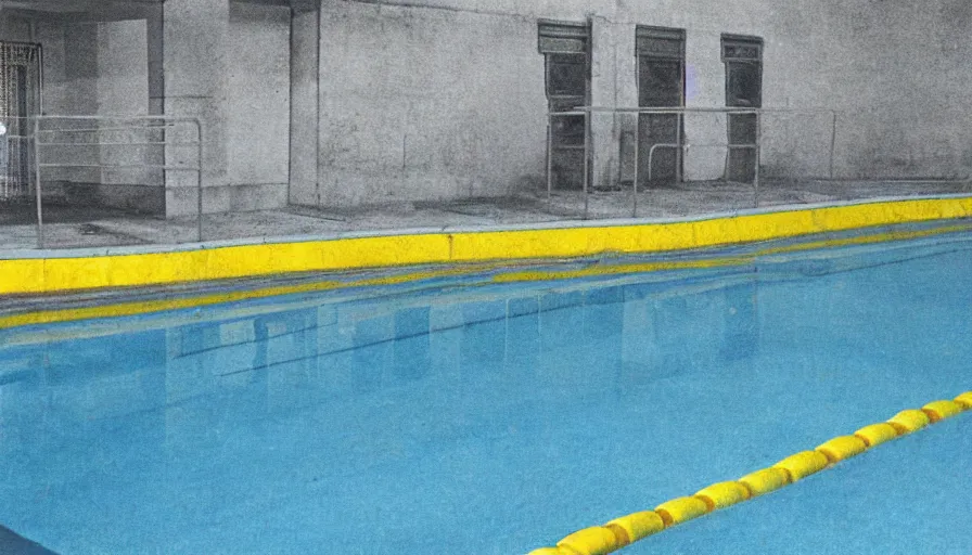 Image similar to 1 9 6 0 s movie still of an empty blue and yellow tiles municipal swimmingpool, security cam footage, liminal space style