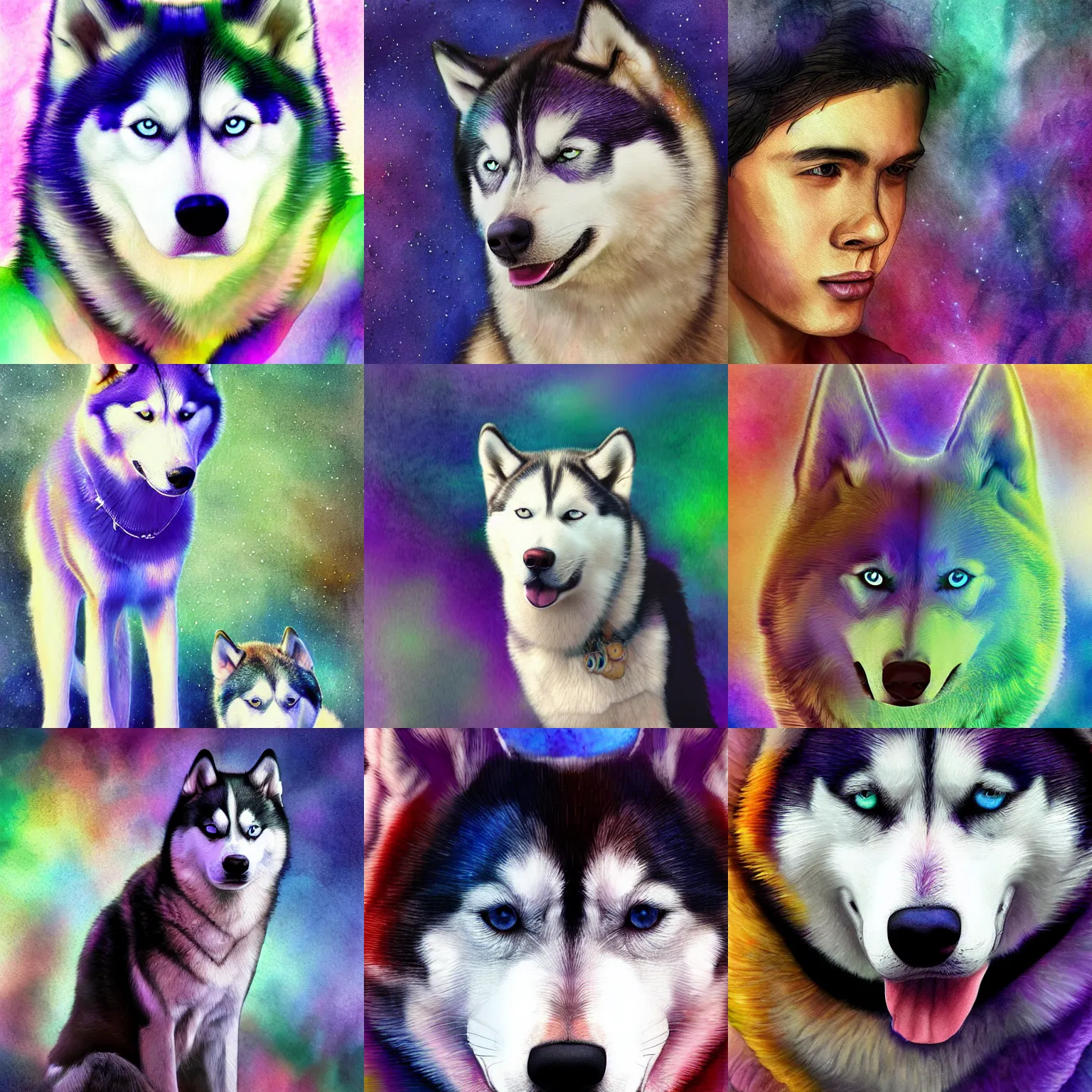 Prompt: young man surrounded by an aura of emotions which are huskies, rich iridescent colors, digital art, very detailed, watercolor, 4 k hd