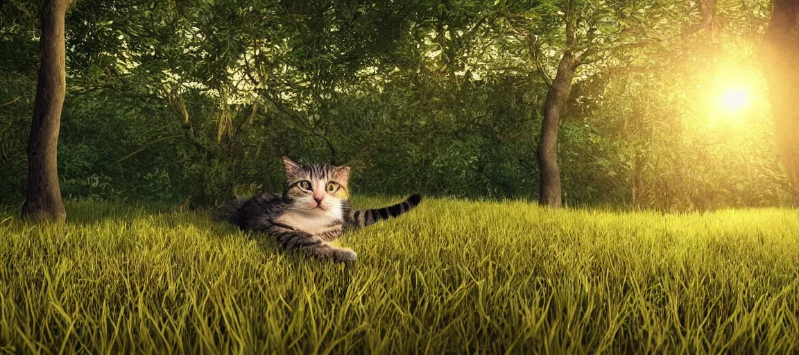 Prompt: one cute cat sleeping on the grass in a forest near a small river at sunset, godrays, complementary colors, warm lighting, raytracing, highly detailed, high quality, 4k HDR, concept art, octane render, unreal engine 5, high coherence, calm, relaxing, beautiful landscape, serene, anatomically correct