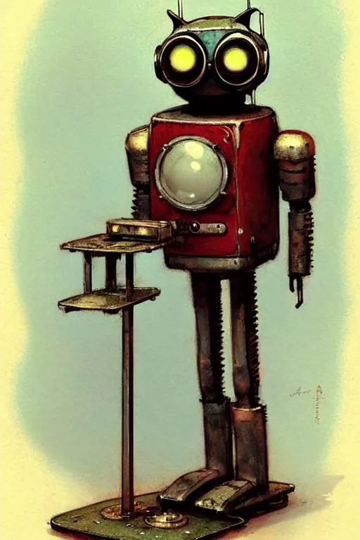 Image similar to adventurer ( ( ( ( ( 1 9 5 0 s retro future robot android wise old owl robot on a stand looking at the camera. muted colors. ) ) ) ) ) by jean baptiste monge!!!!!!!!!!!!!!!!!!!!!!!!! chrome red