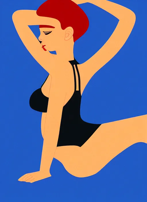 Image similar to portrait of a girl, in retro swimsuit, lying by the pool, minimalist illustration, flat colors, contrasting shadows art by anri matiss, maria medem, roberts rurans