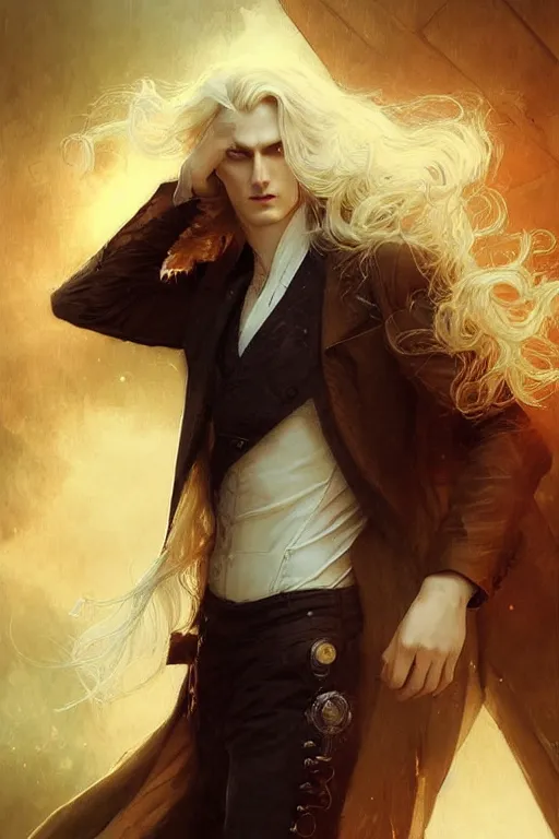 Image similar to johan liebert mixed with alucard picture by Greg Rutkowski, long fluffy blond curly hair, baroque curls, dynamic pose, matte painting, intricate, z brush, fantasy concept art, elegant, by Stanley Artgerm Lau, WLOP, golden ratio, thomas kindkade, alphonse mucha, loish, Peter chung, norman Rockwell,