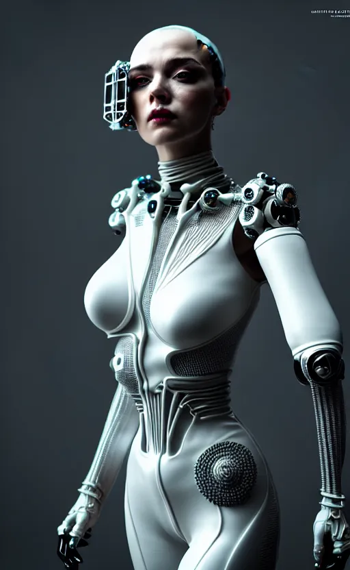 Image similar to intricate hyper detailed ultra sharp 3 d render of a beautiful smooth porcelain fascinating cyberpunk woman portrait, medium shot portrait, beautiful natural bright light, alexandre ferra mecha, haute couture, cyberpunk black shining armor, art nouveau, octane render, volumetric cinematic lighting, 8 k, vray tracing