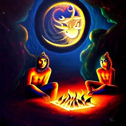 Image similar to strange mythical beasts of sitting around a fire under a full moon, surreal dark uncanny painting by ronny khalil