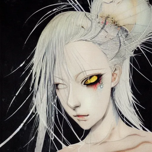 Image similar to Yoshitaka Amano realistic illustration of an anime girl with white hair and cracks on her face wearing dress suit with tie, abstract black and white patterns on the background, noisy film grain effect, highly detailed, Renaissance oil painting