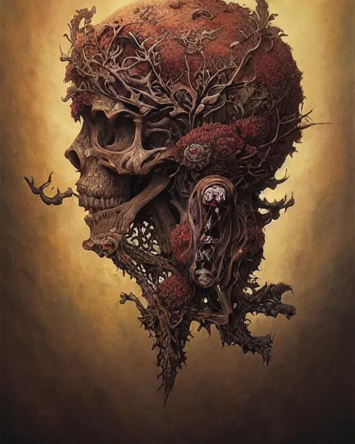 Prompt: a beautiful detailed front view of a dead rotten skull with ornate growing around, ornamentation, sculpture, elegant, beautifully soft lit, by wayne barlowe, peter mohrbacher, kelly mckernan