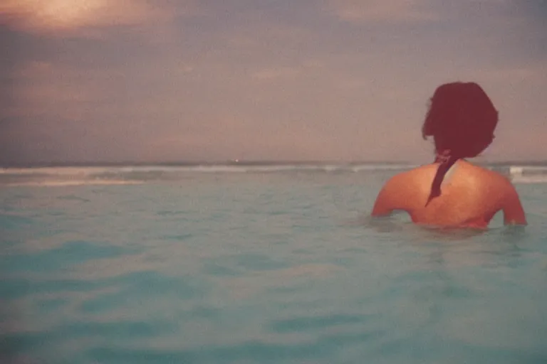 Image similar to colored photography, close-up from behind woman swimming in ocean at night, blue light, 35mm film,