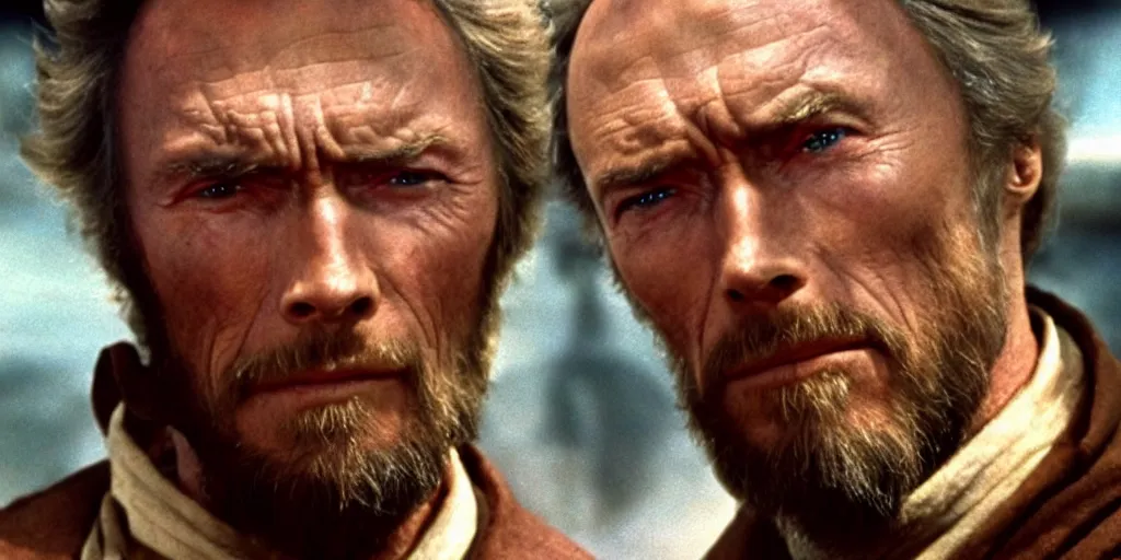 Prompt: Still of Clint Eastwood as jedi master Obiwan kenobi!!!!. in Star Wars (1977). detailed eyes. medium shot, technicolor.