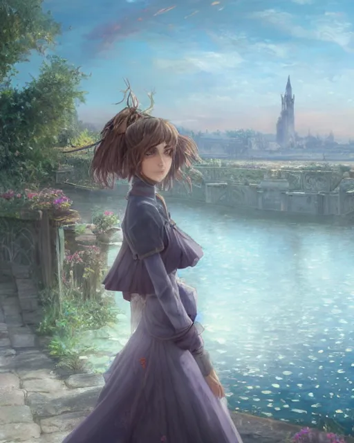 Prompt: over the shoulder landscape painting of violet evergarden, behind her is a distant old european city leiden from violet evergarden next to the reflecting ocean, ocean, sunshine, by sakimi chan and Artgerm , WLOP, Rossdraws, fantasy, intricate, elegant, highly detailed, digital painting, trending on artstation, blender, unreal engine 5, octane render, smooth, sharp focus, illustration