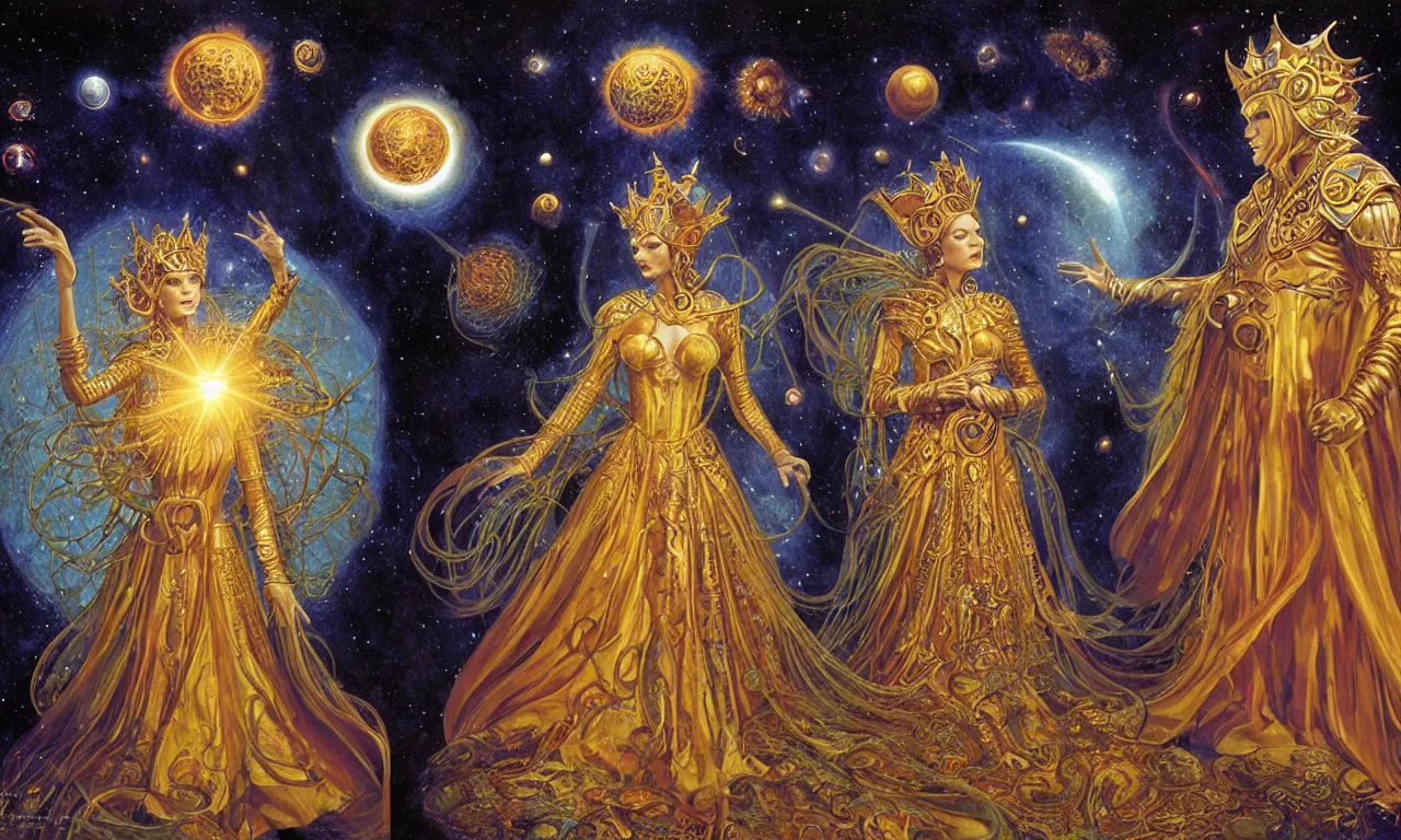 Image similar to sun king and moon queen in the cosmic court of mystical astronomy, art by james c. christensen and keith parkinson