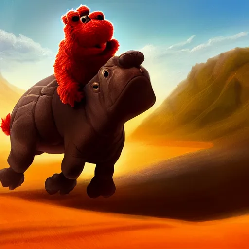 Image similar to Elmo riding a hippo through a desert landscape, digital painting, artstation, concept art, smooth, sharp focus, illustration, hyperrealistic, photorealistic