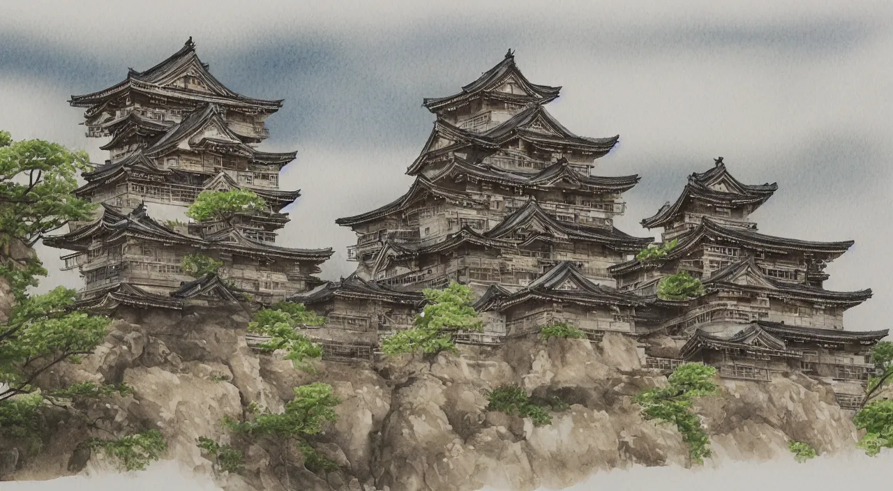 Image similar to a watercolour painting of a Japanese castle, trending on artstation