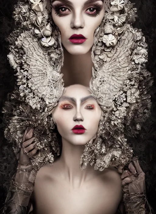Prompt: portrait of beautiful female model makeup done by candy makeupartist, perfect symmetrical pose, sharp, by irakli nadar with intricate detailed wearing victorian dress designed by alexander mcqueen and rocky gathercole, haunting, elite, elegant, ruan jia, dark, hyper detailed, concept art, by gustav klimt