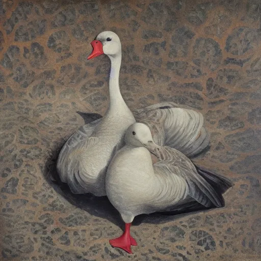 Image similar to oil painting of a goose with dozens of eyes all over its body