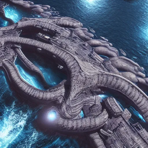 Image similar to top down view of an alien ocean with sea serpent emerging on top of it, detailed, cinematic lighting, storm is happening, unreal engine 4 render, artstaion