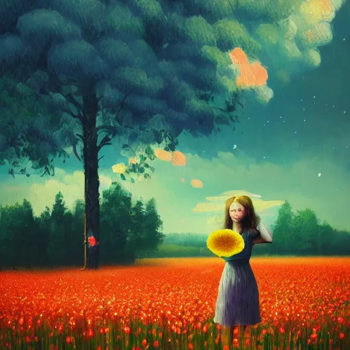 Image similar to girl with a scaled up flower as a face, surreal photography, dream, standing in flower field, hills, big trees, sunrise dramatic light, impressionist painting, colorful clouds, digital painting, pointillism, artstation, simon stalenhag, flower face