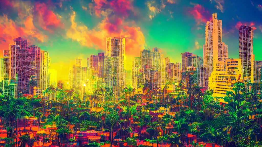 Image similar to golden city in a vaporwave jungle, 4k, ultra realistic, colorful, award winning photograph