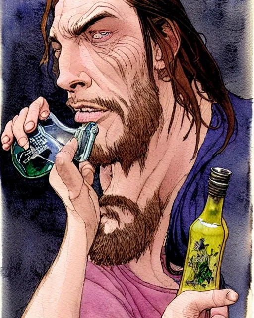 Image similar to a realistic and atmospheric watercolour fantasy character concept art portrait of a sleazy qui - gon jinn drinking out of a bottle with pink eyes wearing a wife beater. by rebecca guay, michael kaluta, charles vess and jean moebius giraud