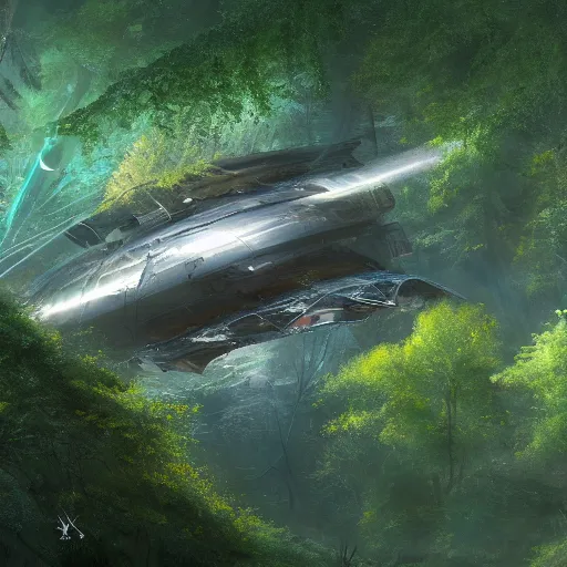 Image similar to a giant space ship crashed in an overgrown forest viewed from the sky by Marek Okon, god rays, fantasy art, 4k, HDR, photorealistic, 8k, trending on artstation