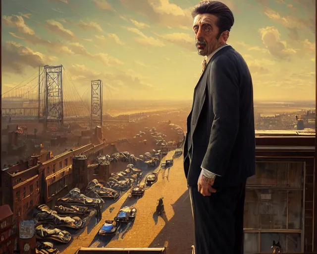 Image similar to highly detailed portrait of al pacino, in boardwalk empire, stephen bliss, unreal engine, fantasy art by greg rutkowski, loish, rhads, ferdinand knab, makoto shinkai and lois van baarle, ilya kuvshinov, rossdraws, tom bagshaw, global illumination, radiant light, detailed and intricate environment