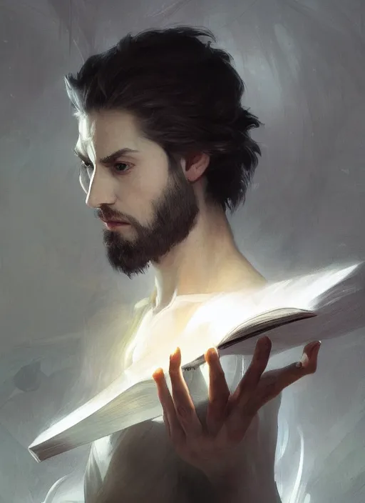 Image similar to character concept portrait of an attractive young angered Spanish wizard with pale grey skin enchanting a death spell, a floating iridescent spell book in the center, intricate, elegant, digital painting, concept art, smooth, sharp focus, illustration, from Metal Gear, by Ruan Jia and Mandy Jurgens and William-Adolphe Bouguereau, Artgerm