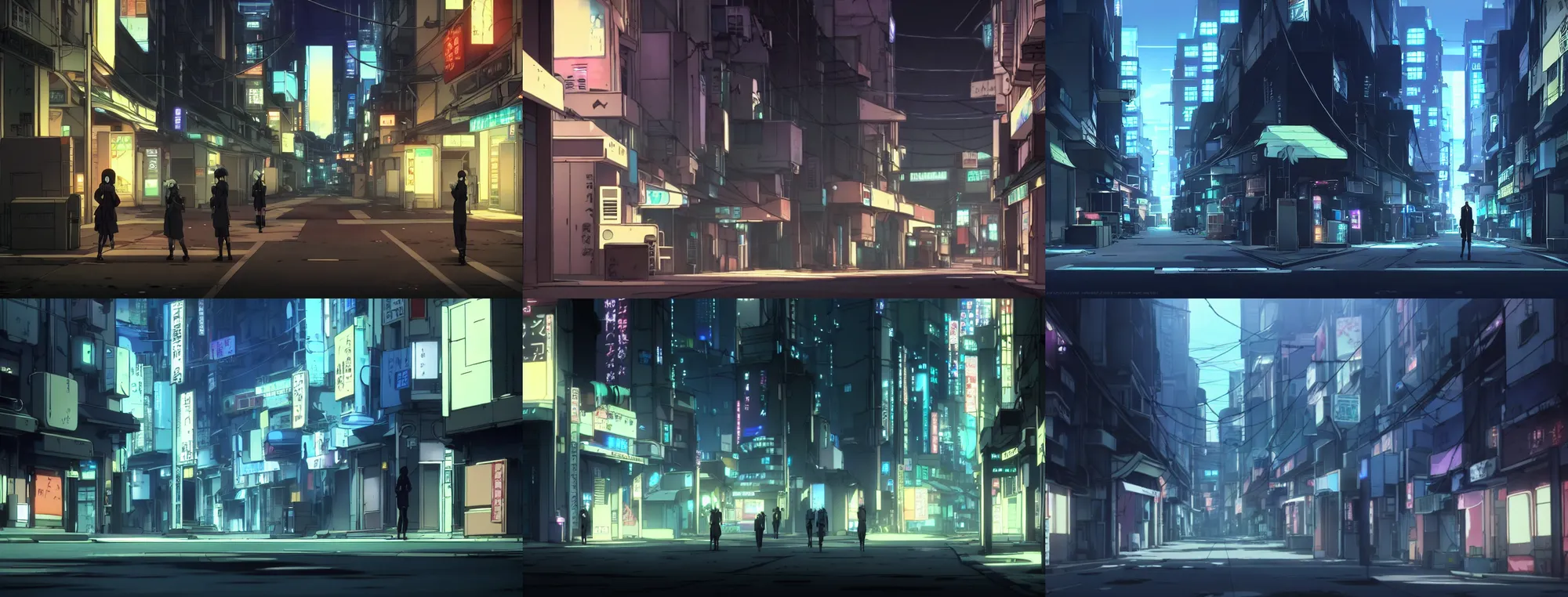 Prompt: a quiet city street in the atmospheric cyberpunk anime film, at night with neon lights, by makoto shinkai, in the anime film ergo proxy