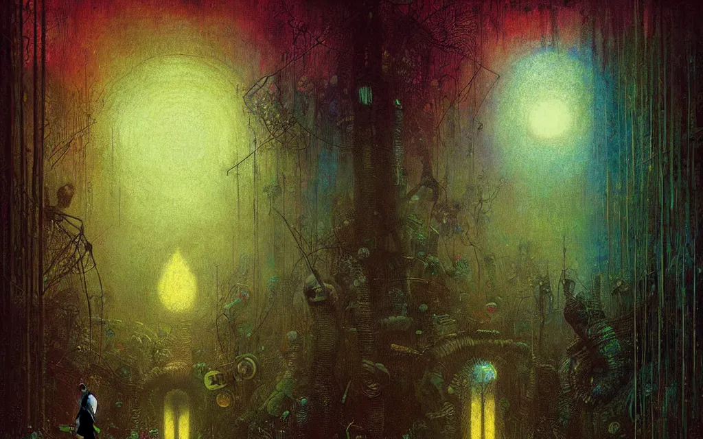 Prompt: iridescent hyperpop cyberpunk rainforest, future perfect, award winning digital art by santiago caruso and odilon redon