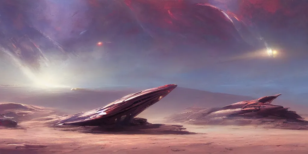 Image similar to a colorful spaceship emerges over the horizon of an alien planet, artwork by darek zabrocki, john howe, dramatic lighting, brushstrokes, paper texture.