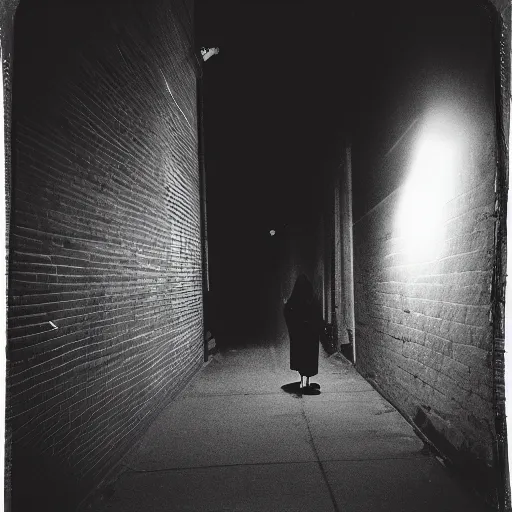 Prompt: a creepy iphone camera photograph of a dark alleyway in west philadelphia at night, with a college - aged woman in the distance. girl in the photo wearing a navy hoodie. directed by david lynch, full color