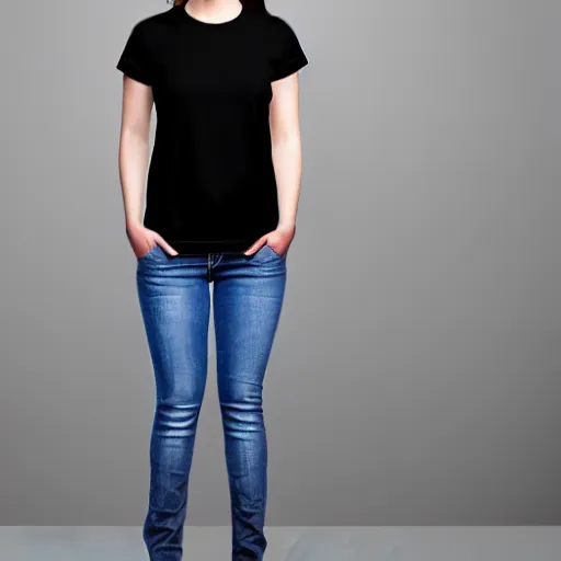 Image similar to clear photorealistic mockup product photograph of a blank black tshirt on an attractive female model in front of an indoor background - h 7 0 4