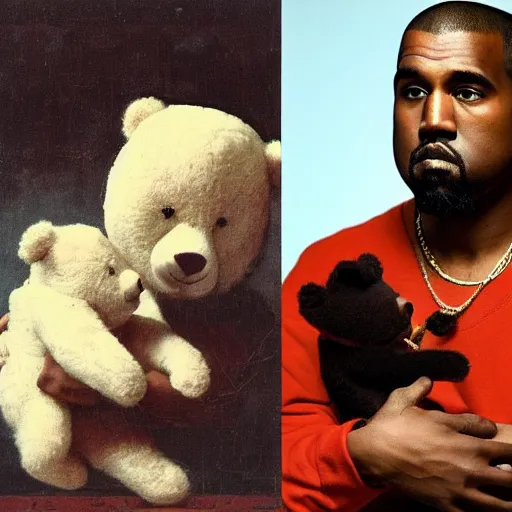 Image similar to A renaissance painting of Kanye West with a anthropomorphic Teddy Bear mascot, portrait, album cover,