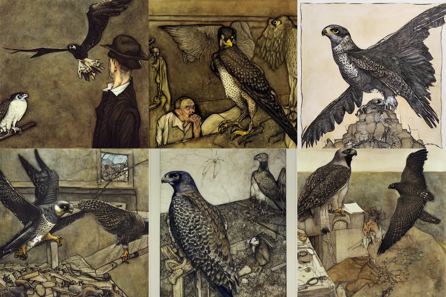 Prompt: a peregrine falcon cannot hear reason, painting by arthur rackham, george grosz and gregory crewdson